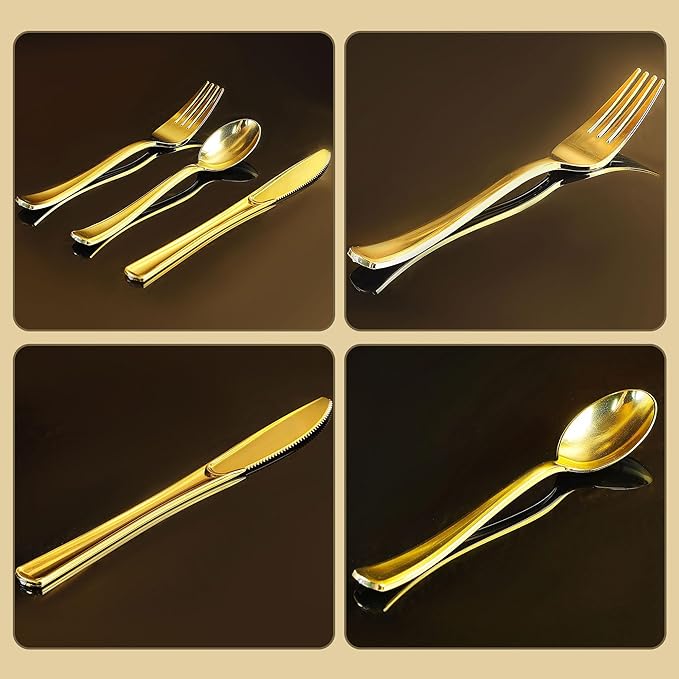 Zcaukya 200 Pieces Gold Plastic Silverware Set, Disposable Cutlery Set Including 100 Forks, 50 Knives and 50 Spoons, Eating Implements Flatware in Bulk for Dinner, Weddings and Birthday Parties