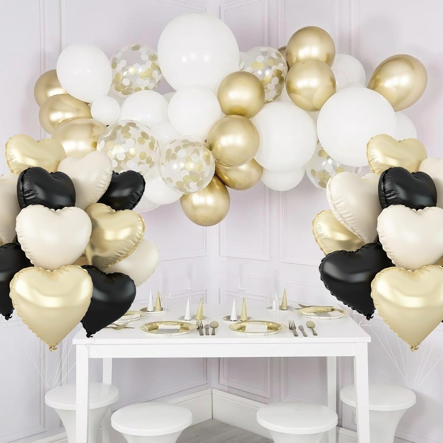 Black White Gold Heart Balloons,12Pcs 18Inch Black Cream White Champagne Gold Heart Shaped Foil Helium Balloons for Baby Shower Birthday Anniversary Wedding Engagement Party Decorations