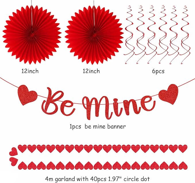 Valentines-Day Decorations Red-Heart Streamers Galentines-Decor - 22pcs Be Mine Love Banner,Paper Lanterns Honeycomb Balls,Tissue Pom Poms Flowers Fans, Happy Anniversary Backdrop Hugmoon