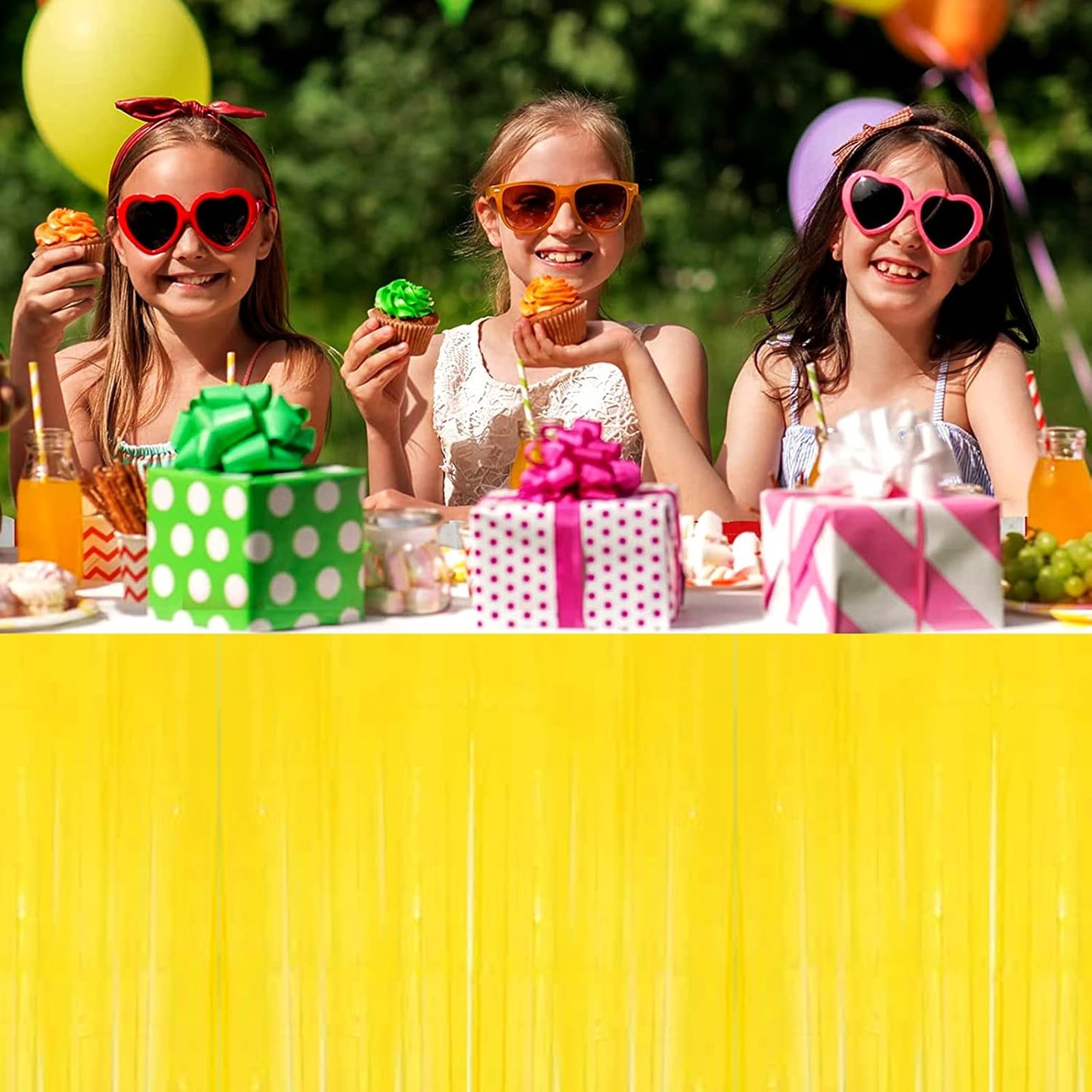 4 Pack 29x108 Inch Metallic Foil Fringe Tinsel Table Skirts for Rectangle Tables Streamer Backdrop for Wedding, Birthday, Parade Floats, Christmas, Halloween Party Decoration(New Yellow)