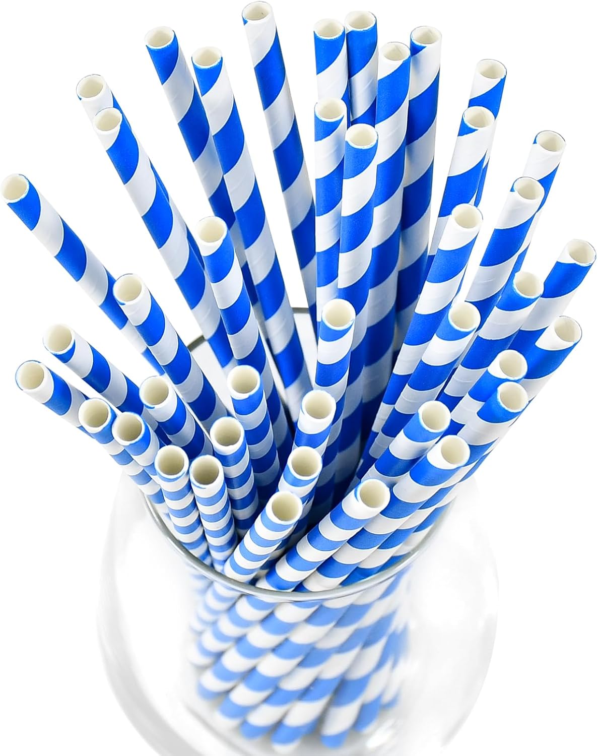 Blue Stripes Disposable Paper Party Straws for Drinking 7.75 inch 100 Counts, Compostable - for Cocktail, Coffee, Juice