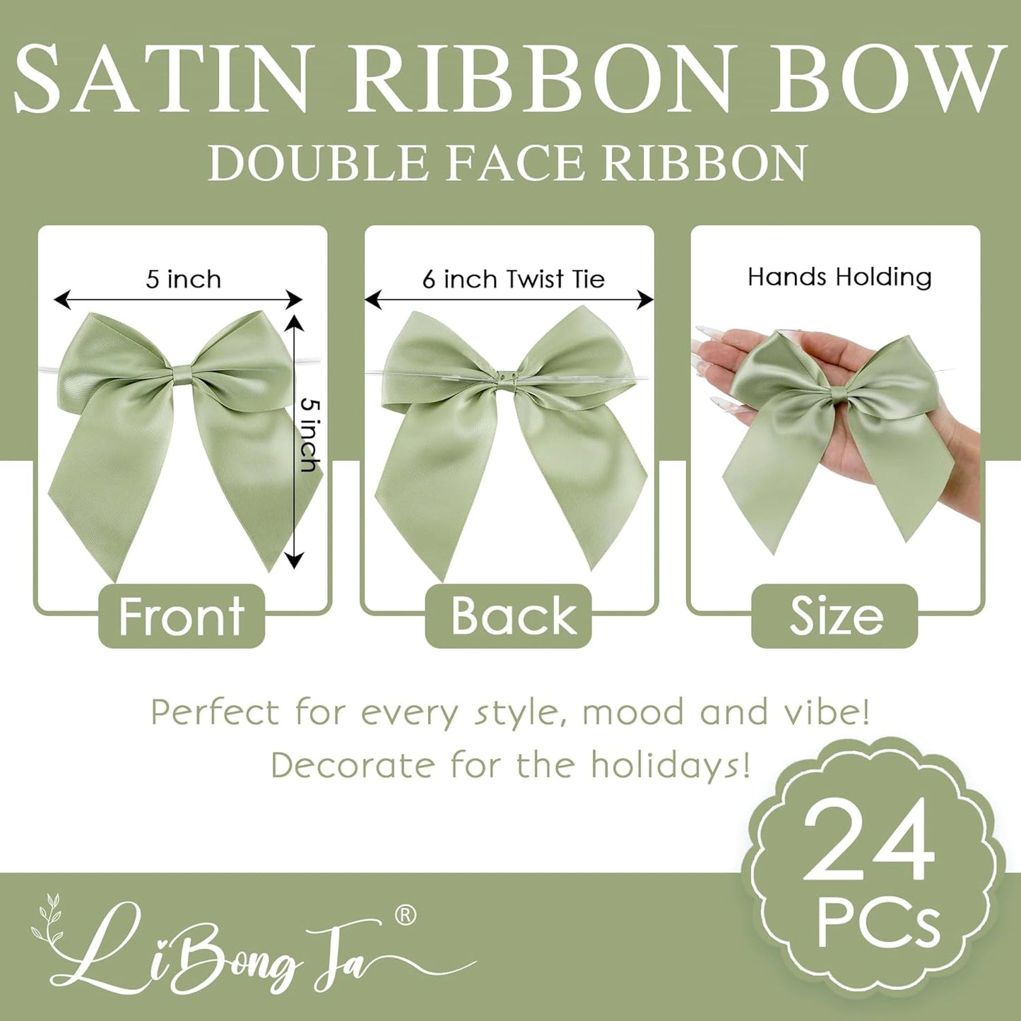 5'' Sage Green Bow Party Decorations Satin Bows, Twist Tie Bows for Treat Bags, Cake Pops, Pre-tied Bow Premade Ribbon Bows for Crafts, Holiday Bows for Gift Wrapping, Wedding Decor-24 Counts