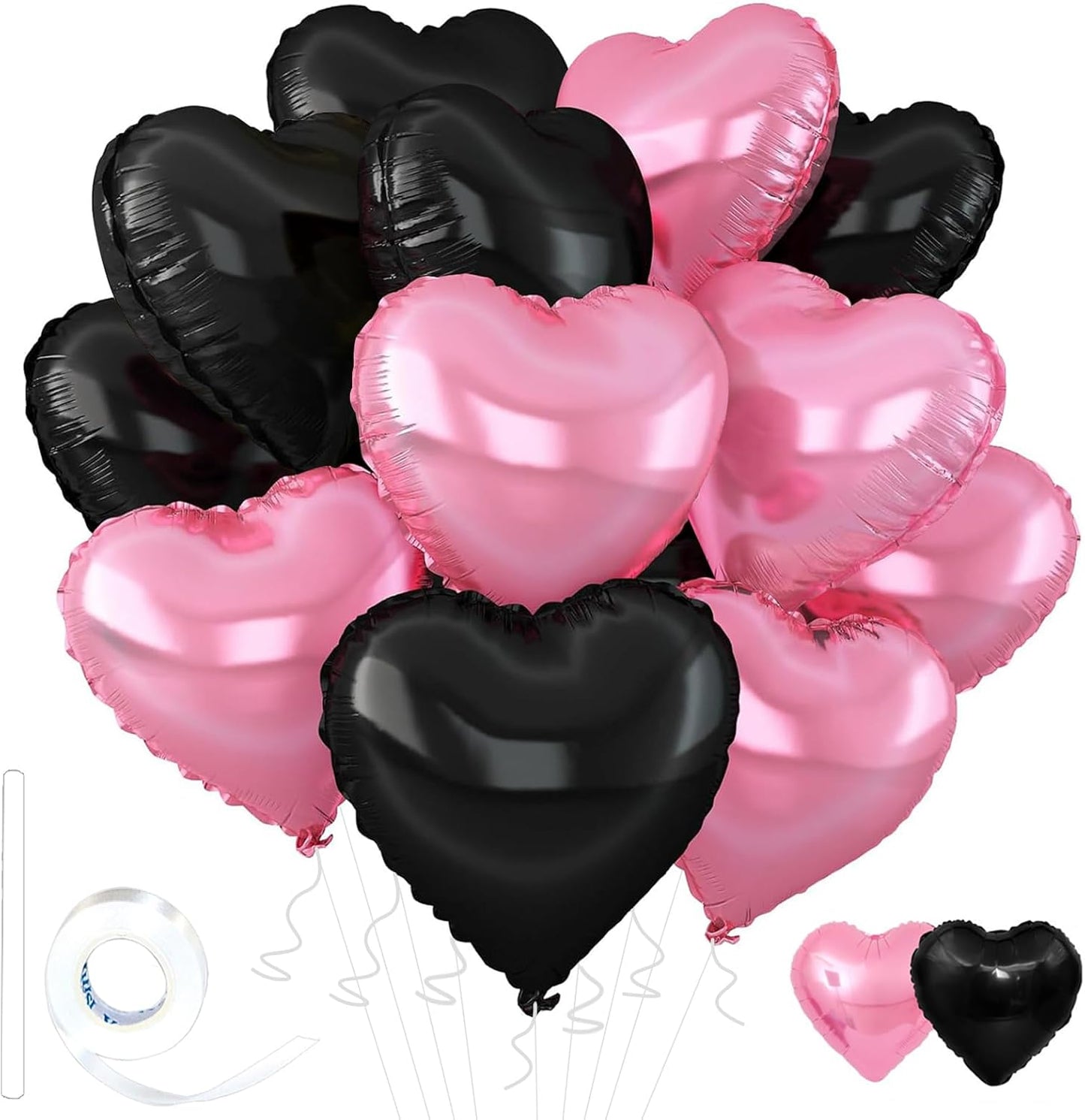 Pink-Black Heart Balloons,18inch Pink Heart Shaped Foil Balloons & Black Foil Balloon for Anniversary Wedding Birthday Party Baby Shower Valentines Day Decorations(12Pcs)