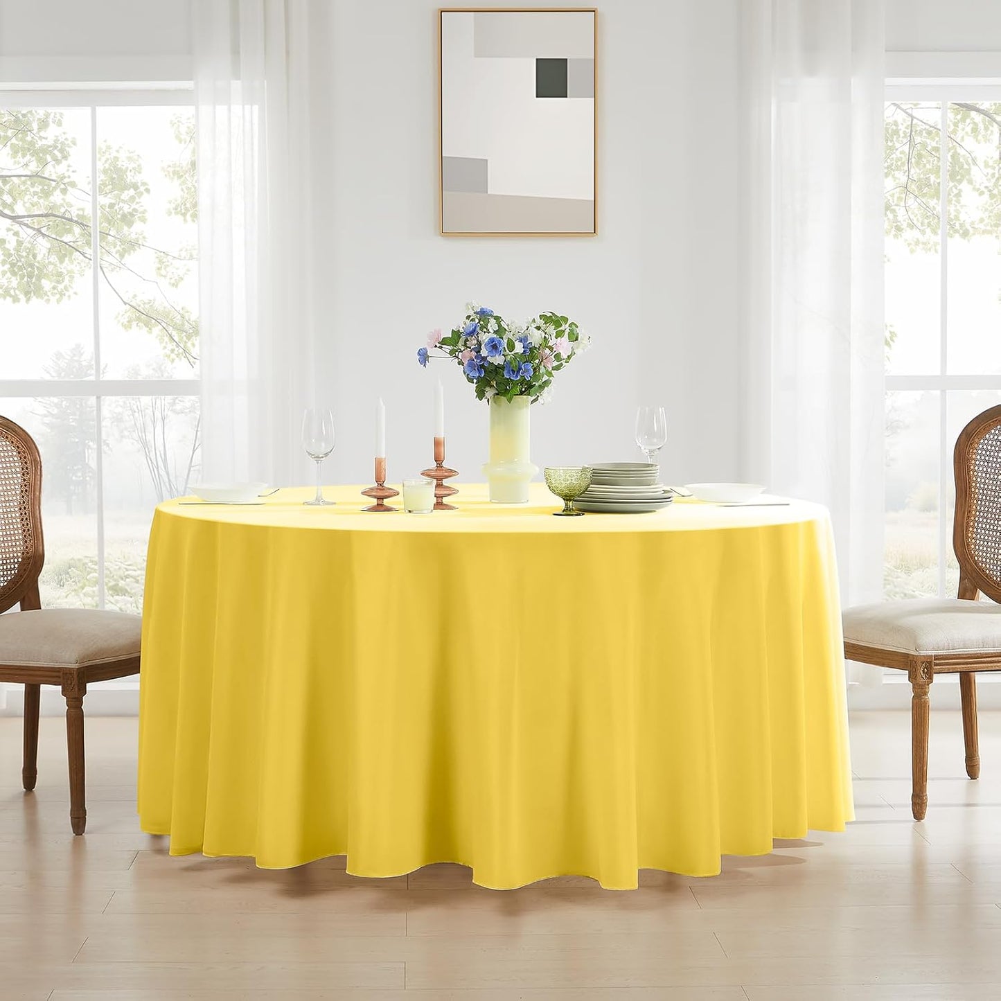 Round Tablecloth 6 Pack 108 Inch Yellow Tablecloths Washable Decorative Linen Polyester Table Clothes Cover for Dining Table Banquets Buffet Parties and Wedding