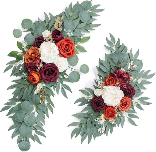 Artificial Burnt Orange Wedding Arch Flowers Swags (Set of 2) for Welcome Signs Floral and Wedding Church Decoration Ceremony, Anniversary, etc, Burgundy Roses Flowers