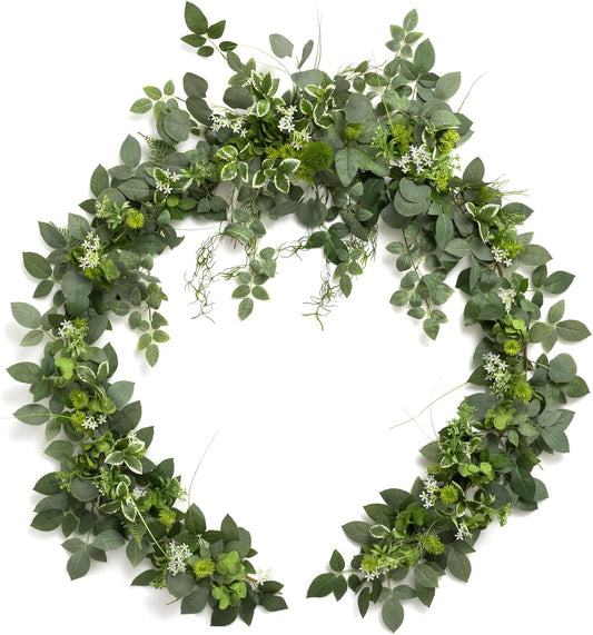 Ling's Moment Flower Garland - 6FT Eucalyptus & Rose - Sweetheart Table Decor for Wedding Reception, Artificial Floral Garland for Mantle, Spring Garden Ceremony, Christmas Decoration, Ivory White