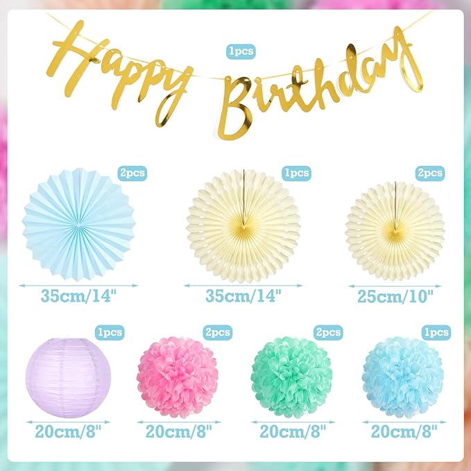 SUNBEAUTY Pastel Birthday Party Decorations for Girls Women with Happy Birthday Banner Pastel Paper Fans Tissue Pom Poms Lantern Decorations Birthday Decorations Kit