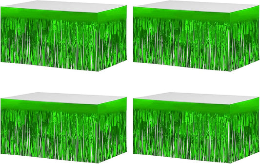 4 Pack Metallic Foil Fringe Tinsel Table Skirts,29x108 Inch Party Disposable Table Skirt Banner for Hotel Banquet Parade Floats Mardi Gras Holiday Birthday Wedding New Year Party Decoration(Green)
