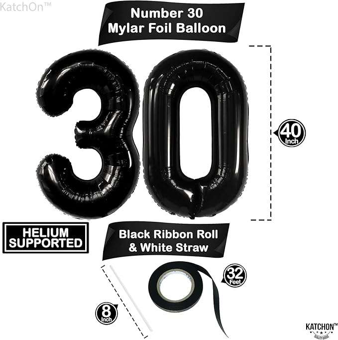 Katchon, Black 30 Balloon Numbers - 40 Inch | Black 30th Birthday Balloons | 30th Birthday Decorations for Him & Her | Black Birthday Decorations | 30th Anniversary Decoration