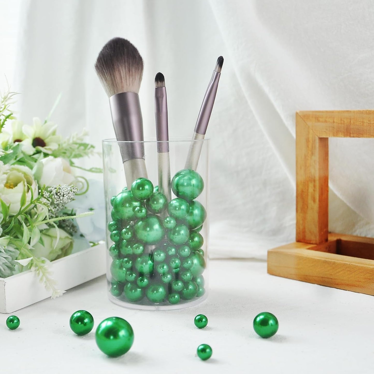 520Pcs Green Glossy Beads for Centerpiece Decor, Artifical Pearls Vase Filler, No Hole Round Pearl Beads for Wedding Birthday Christmas Party Home Decor(18mm 14mm 6mm)