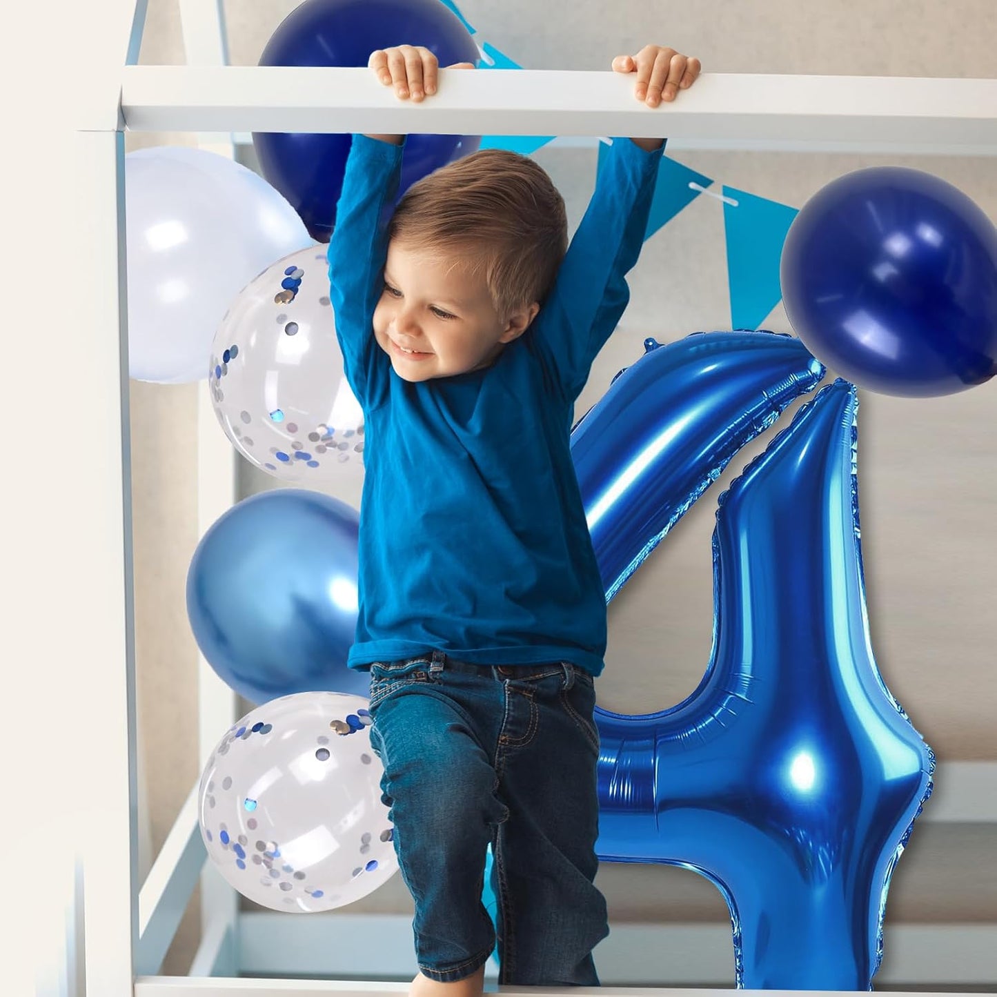 Number 4 Balloon Pastel Blue for kids, XXL 4th Birthday Decor Foil Balloon Dark Navy Blue with Silver Confetti Helium Balloon, 40 Inch Balloon 4 for Boys Four Birthday Party Anniversary Decorations