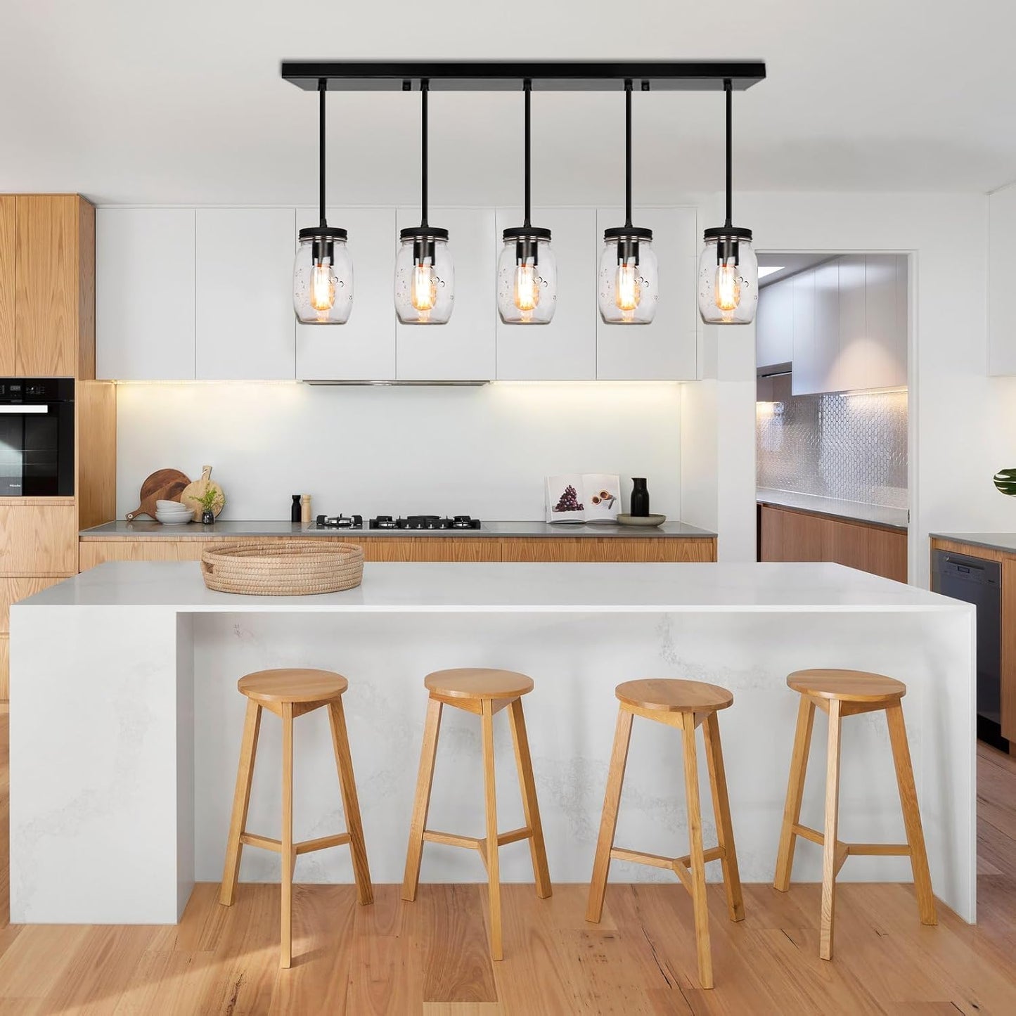 Glass Mason Jar Light Fixtures, 5-Light Adjustable Height Pendant Ceiling Lights Flush Mount - Black Country Farmhouse Lights for Kitchen Dining Room Foyer Stairway Hallway Entryway Porch