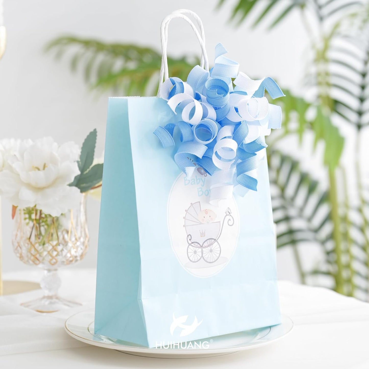 HUIHUANG Baby Boy Shower Gift Bows Blue and White Curly Ribbon Bows Self Adhesive Burst Gift Bow for Baby Birthday, Baby Shower Party Favors, Wine Bottle, Treat Bags, Gift Wrapping- 6 Counts