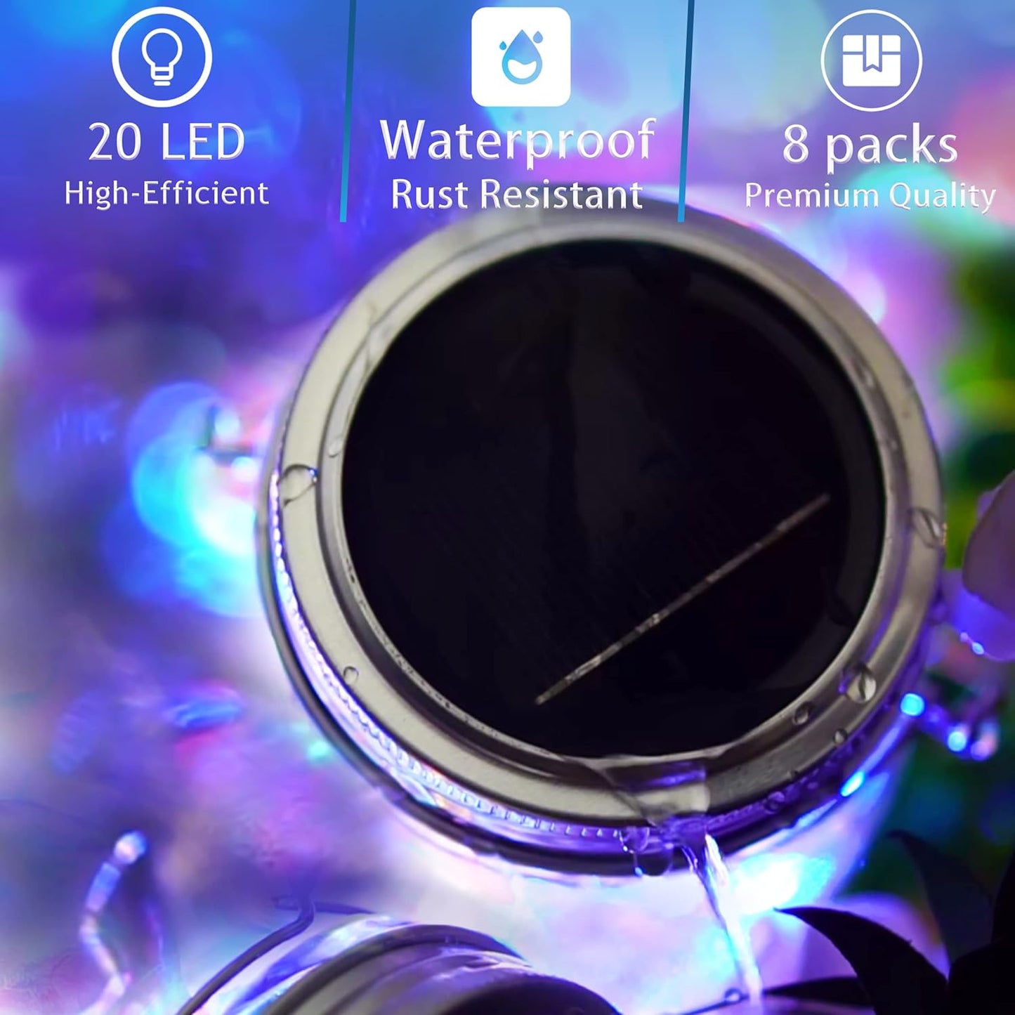 SunKite Solar Mason Jar Lights [Updated], 8 Pack 20 LED Waterproof Fairy Firefly Jar Lids String Lights with Hangers(NO Jars), Patio Yard Garden Wedding Decoration(Multi-Colored)