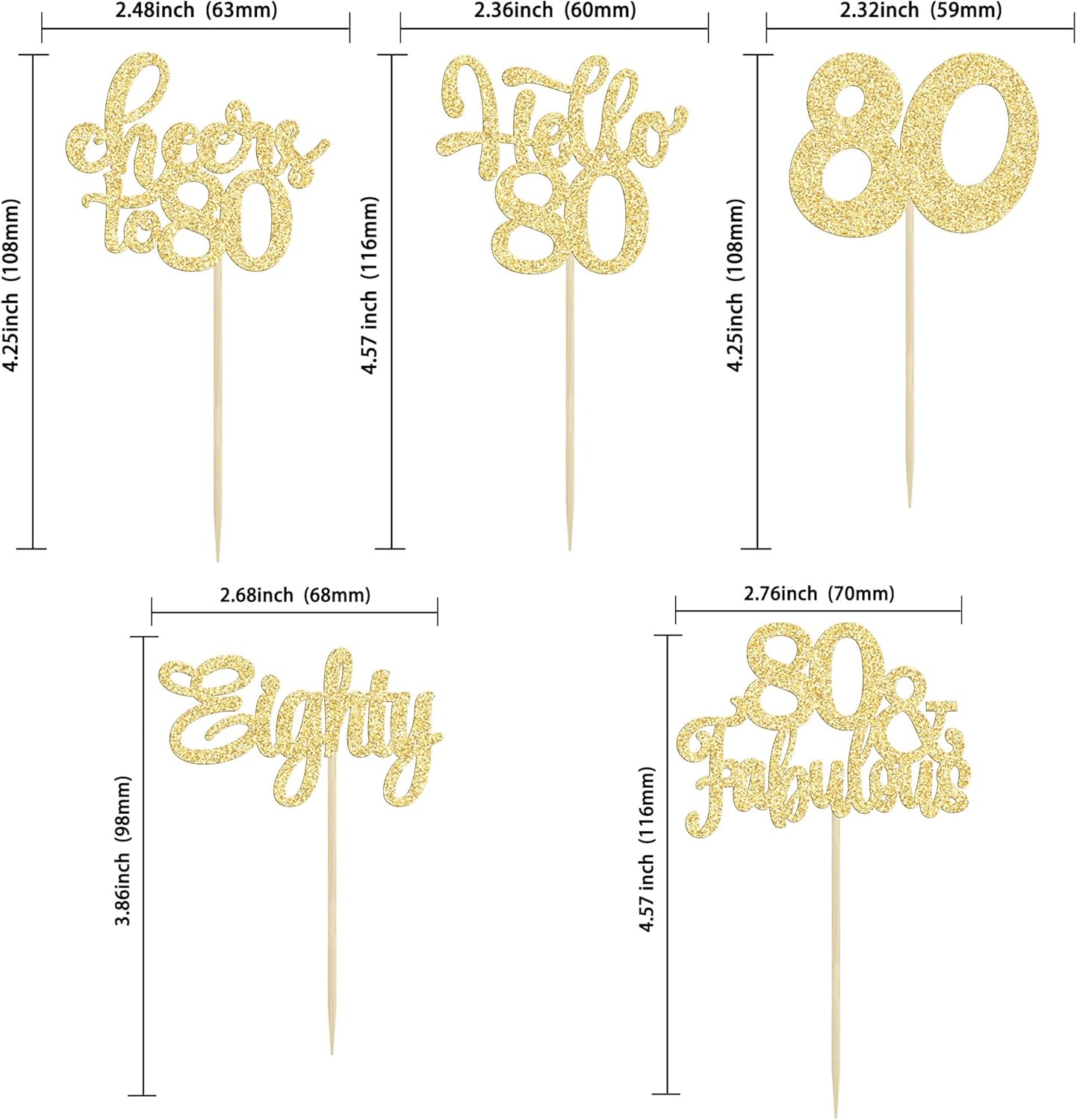 Gyufise 30Pcs Happy 80th Birthday Cake Topper, Gold, for Birthday Anniversary Party Decorations