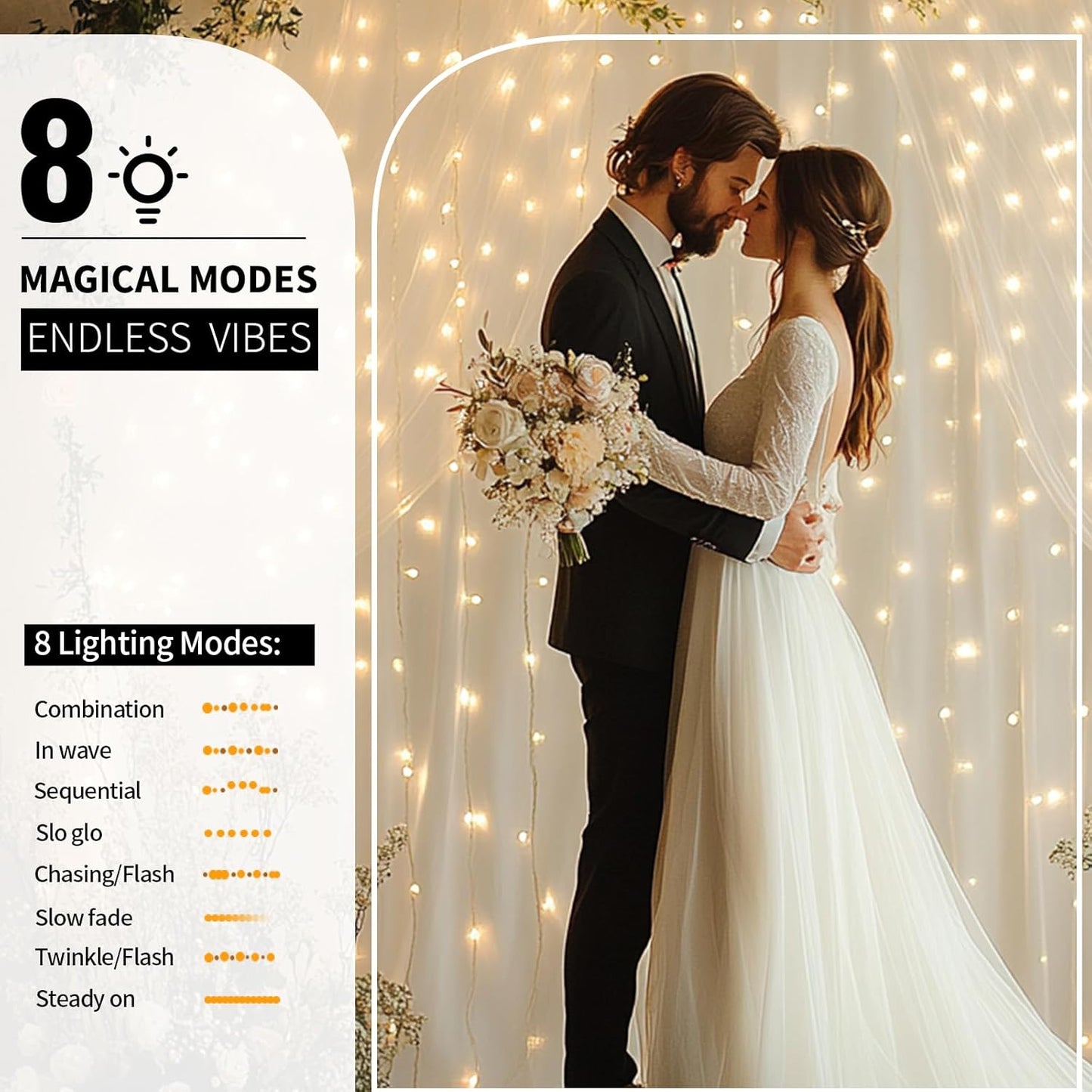 White Tulle Backdrop Curtain with Lights String - 10x8ft Sheer Backdrop with 250 LEDs for Wedding, Baby Shower, Bridal Shower, Birthday Party Photo Shoot Background and Home Decorations