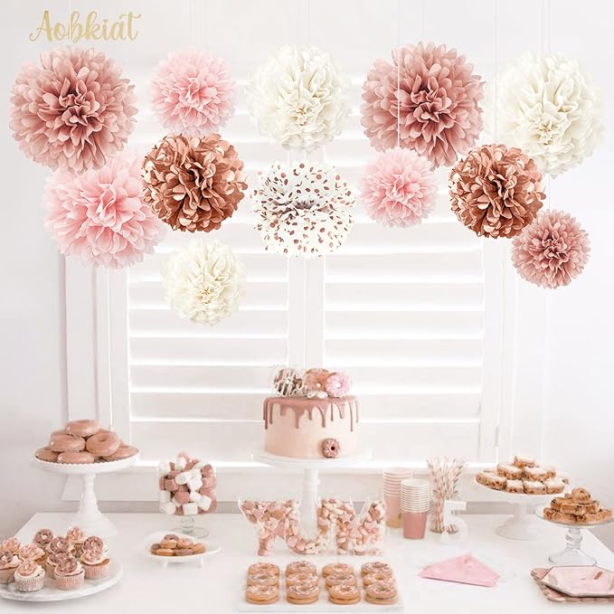 AOBKIAT Wedding Decorations Tissue Paper Pom Poms - 12 PCS Rose Gold Pink White Paper Flower Pom Pom Kit Decorations for Wedding Birthday Baby Shower Bachelorette Bridal Shower Party Supplies