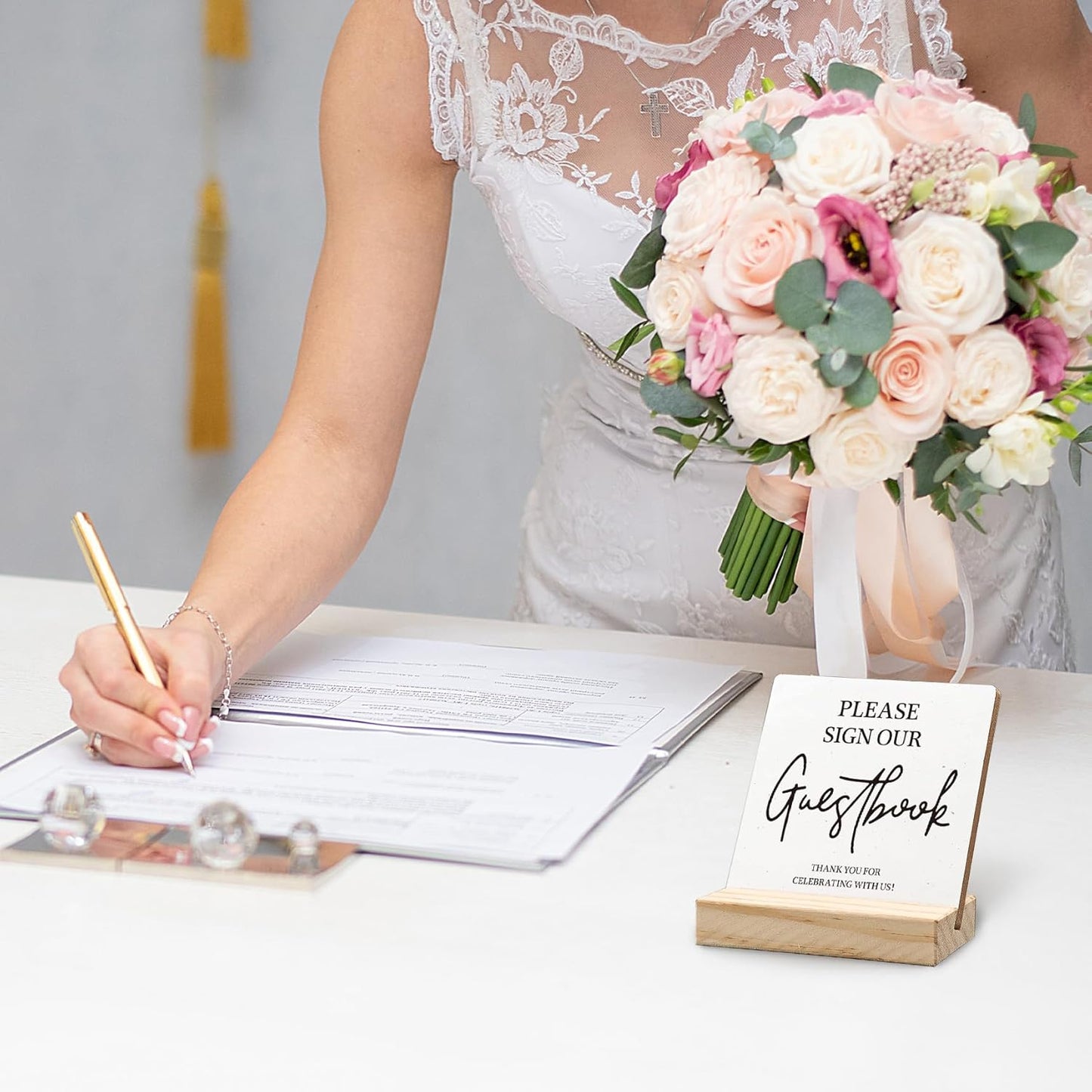 Guest Book Desk Decor, Wedding Guest Book Sign, Wedding GuestBook Wood Plaque, Photo GuestBook WeddingReception Wooden Plaque Sign with Wood Stand for WeddingGuest Reception Table Decor