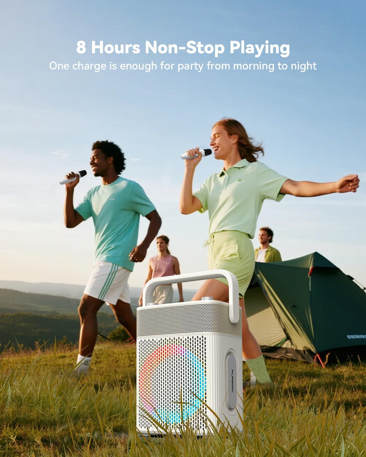 Karaoke Machine with 2 UHF Wireless Microphones with Leather Bag, IPX4 Waterproof Portable Bluetooth Speaker with Lights for Adults, Outdoor Karaoke Speaker Support Bluetooth/AUX/USB/PC (White)