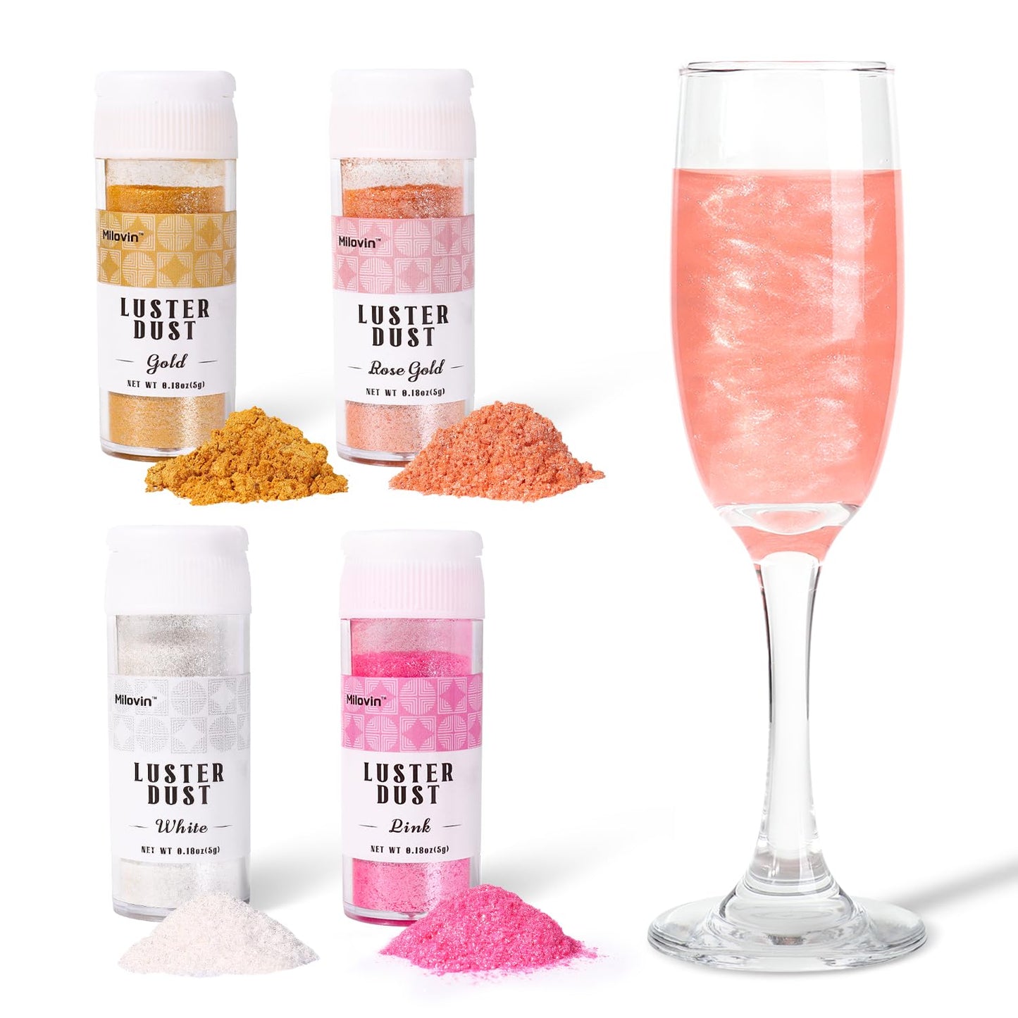 Edible Glitter, 4 Colors Luster Dust Edible, 5g/bottle Edible Glitter for Cocktails, Drinks, Cake Decoration, Cupcakes, Chocolate, Strawberries, and Waffles(Gold, Rose Gold, White, Pink)