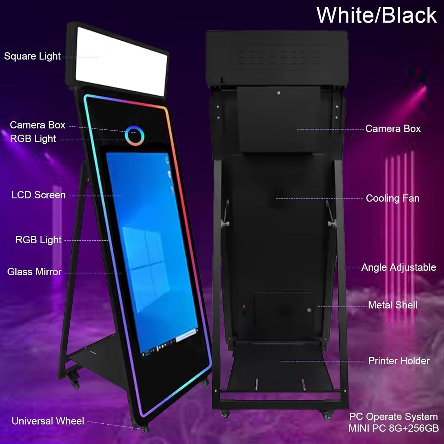 65''Magic Mirror Photo Booth Machine,Mirror Photo Booth 43''Touch Screen,Photo Booth with Flight Case,App Control,RGB Light for Wedding Party Events (White, Machine+Camera+Mini Printer)