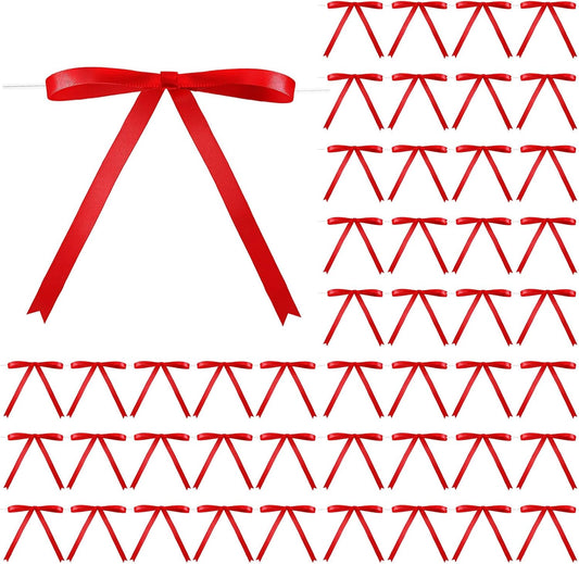 Riceshoot 100 Pcs Twist Tie Bows Bulk 5x7 Inch Satin Ribbon Bows for Gift Wrapping Cake Treat Bags Craft DIY Gift Wedding Baby Shower Birthday Party (Red)
