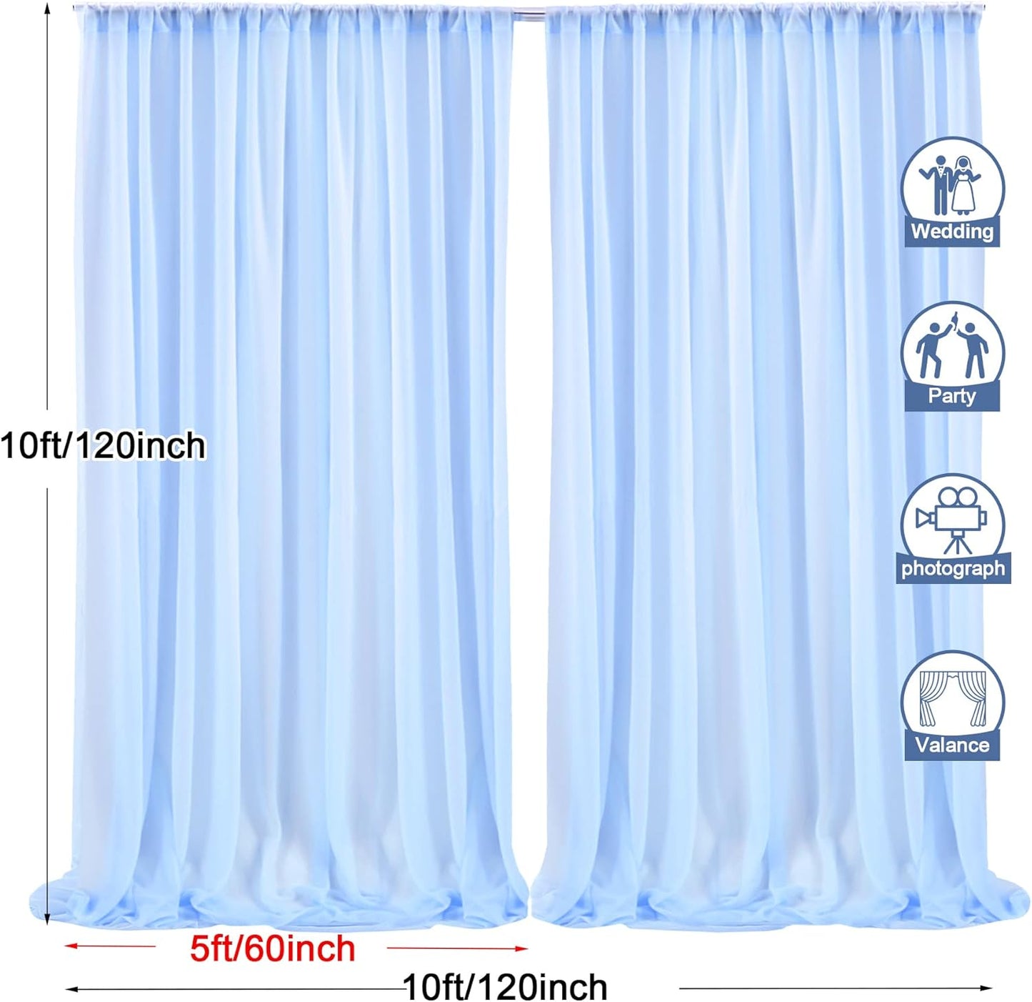 PARTISKY 10ftx10ft Blue Chiffon Sheer Backdrop Curtains, Wrinkle-Free Wedding Backdrop Drapes for Birthday Party Ceremony Arch Stage Decor Background for Photography 5ft x 10ft,2 Panels