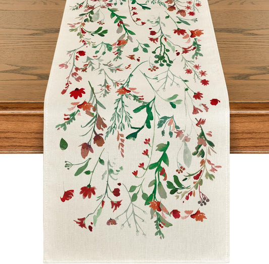 Artoid Mode Floral Leaves Christmas Table Runner, Wild Flowers and Grasses Winter Kitchen Dining Table Decoration for Home Party Decor 13x48 Inch