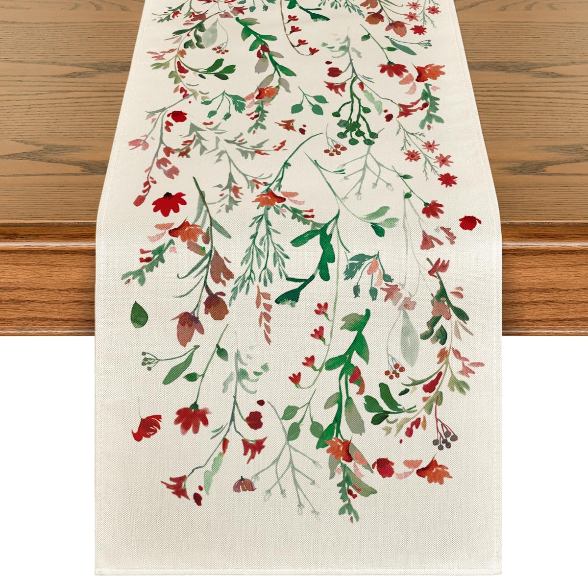Artoid Mode Floral Leaves Christmas Table Runner, Wild Flowers and Grasses Winter Kitchen Dining Table Decoration for Home Party Decor 13x36 Inch