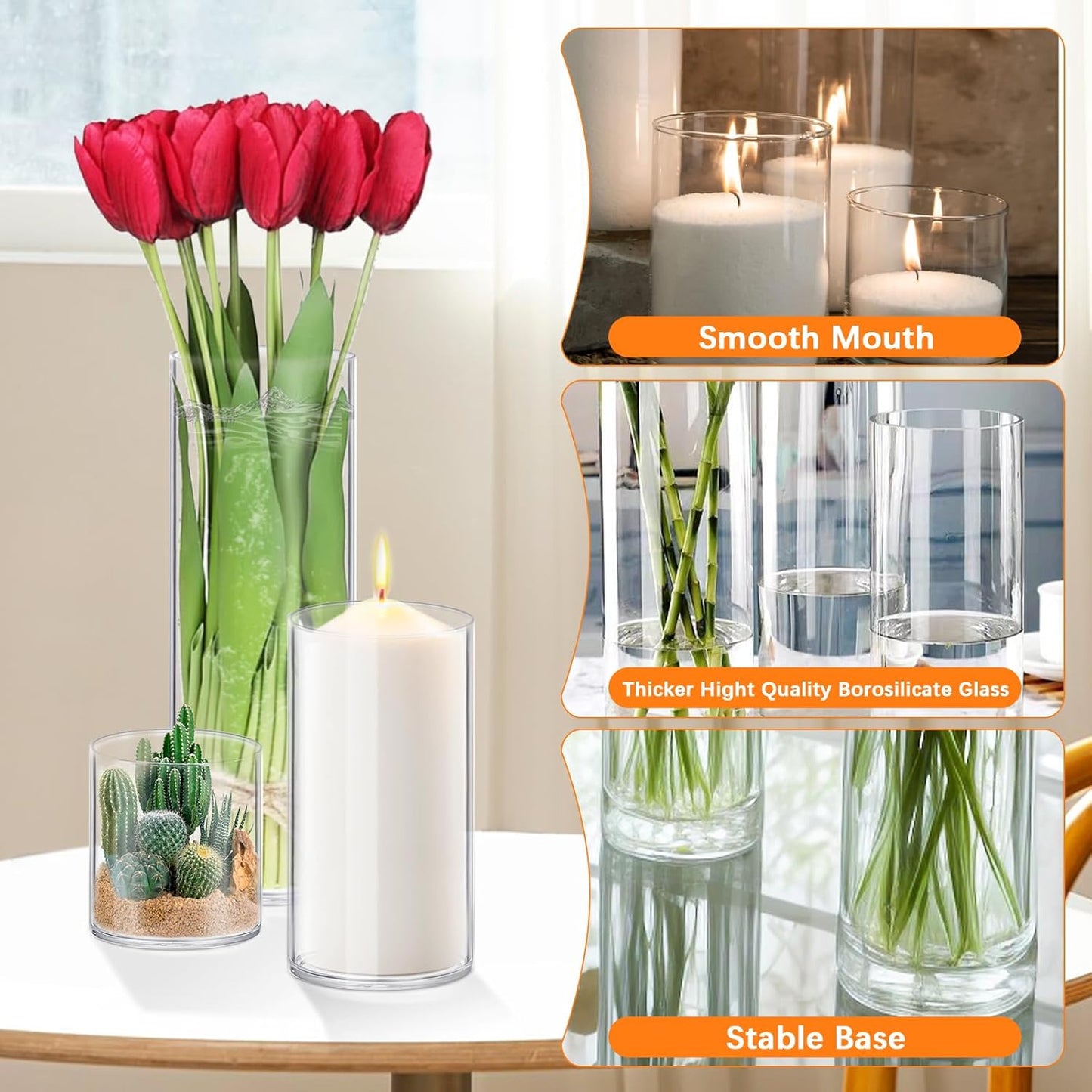 4 Pack Glass Cylinder Vases 4,6,8,10 Inch Tall Clear Flower Vase Hurricane Floating Candle Holder for Table Centerpiece Wedding Home Decor