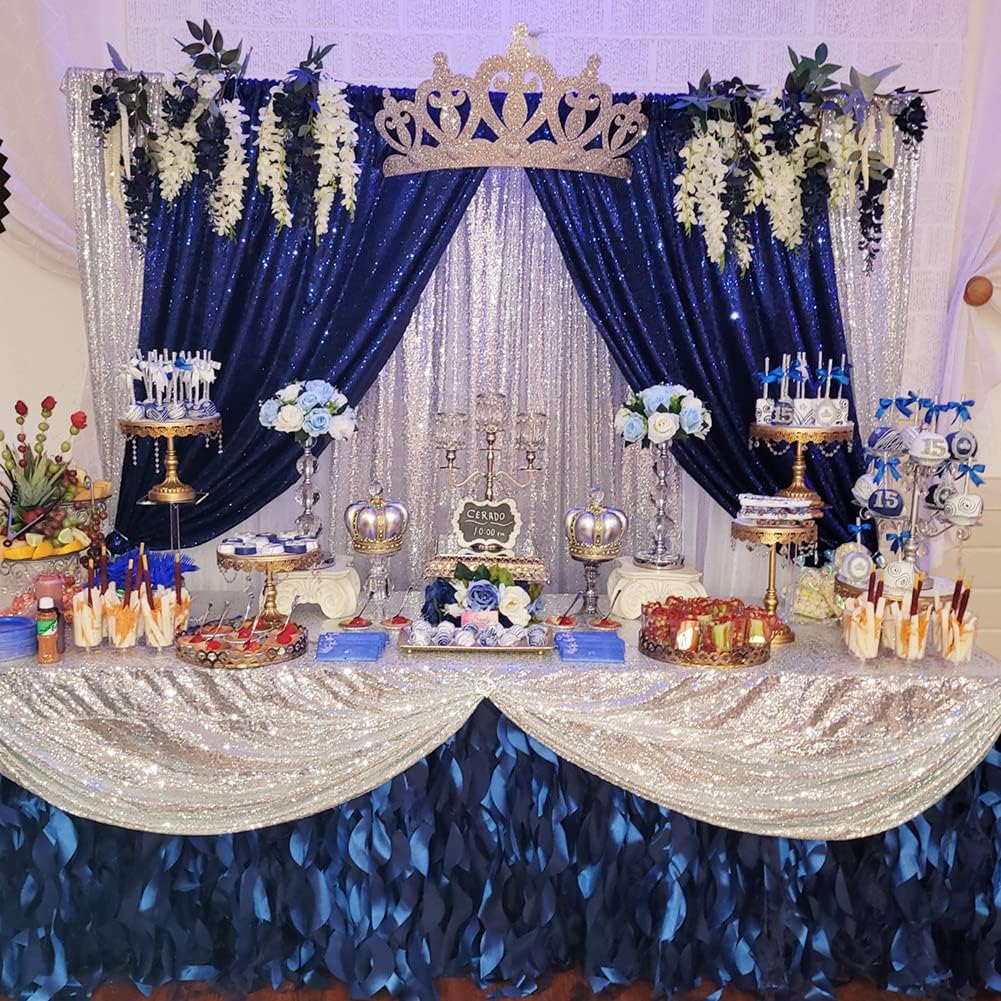 Poise3EHome 2ft x 8ft Blue Sequin Photography Backdrop Curtains 2 Panels for Party Decoration, Navy Blue