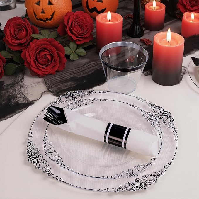 Hioasis 175pcs Clear and Black Plates - Black Party Plates for 25 Guest, Include 50 Heavy-duty Plates(20% Thicker Than Standard), 25 Pre Rolled Gold Plastic Silverware Set, 25 Cups
