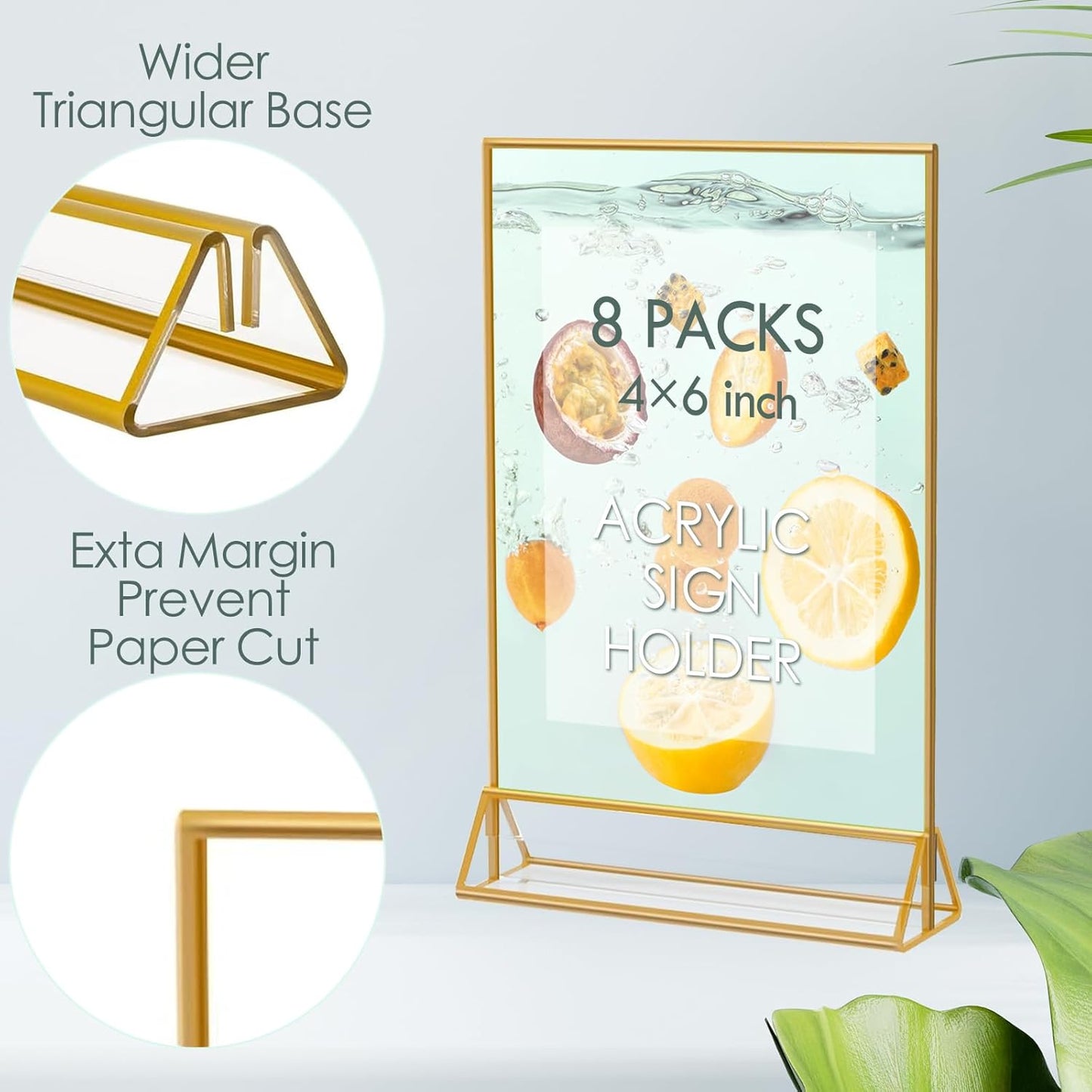 HOODO 8 Pack 4x6 Acrylic Table Number Holders with Golden Border, Double-Sided Clear Acrylic Sign Holder Gold Picture Frames Sign Holder, Vertical Stand (4"x6"-8 Pack)
