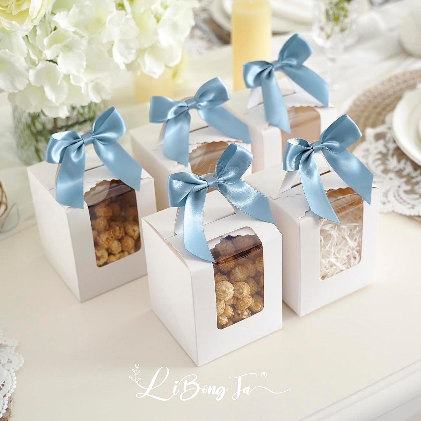 3.5" Dusty Blue Bow Satin Pre-Tied Bows for Gift Wrapping, Small Bows for Crafts, Premade Bows, Candy Apple Bows, Twist Tie Bows for Cake Decorating, Party Favor, Wedding Decoration-36 Counts