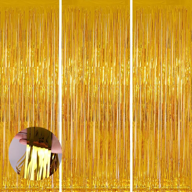 Keyali 3 Pack 3.3 * 8.3 ft Foil Curtain Metallic Tinsel Fringe Curtains Photo Booth Props Backdrop for Birthday Wedding Engagement Baby Shower Christmas Holiday Celebration Partyl,Gold