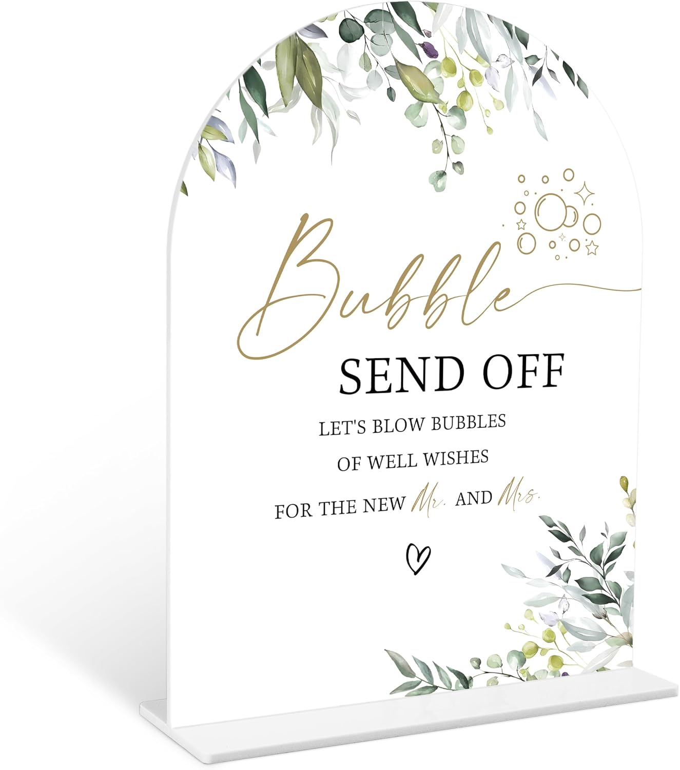 Greenery Bubble Send Off Sign, 6 x 8 Inch White Arch Acrylic Wedding Sign with Holder, Wedding Sign for Ceremony and Reception, Wedding Decoration, Wedding Supplies - LY14