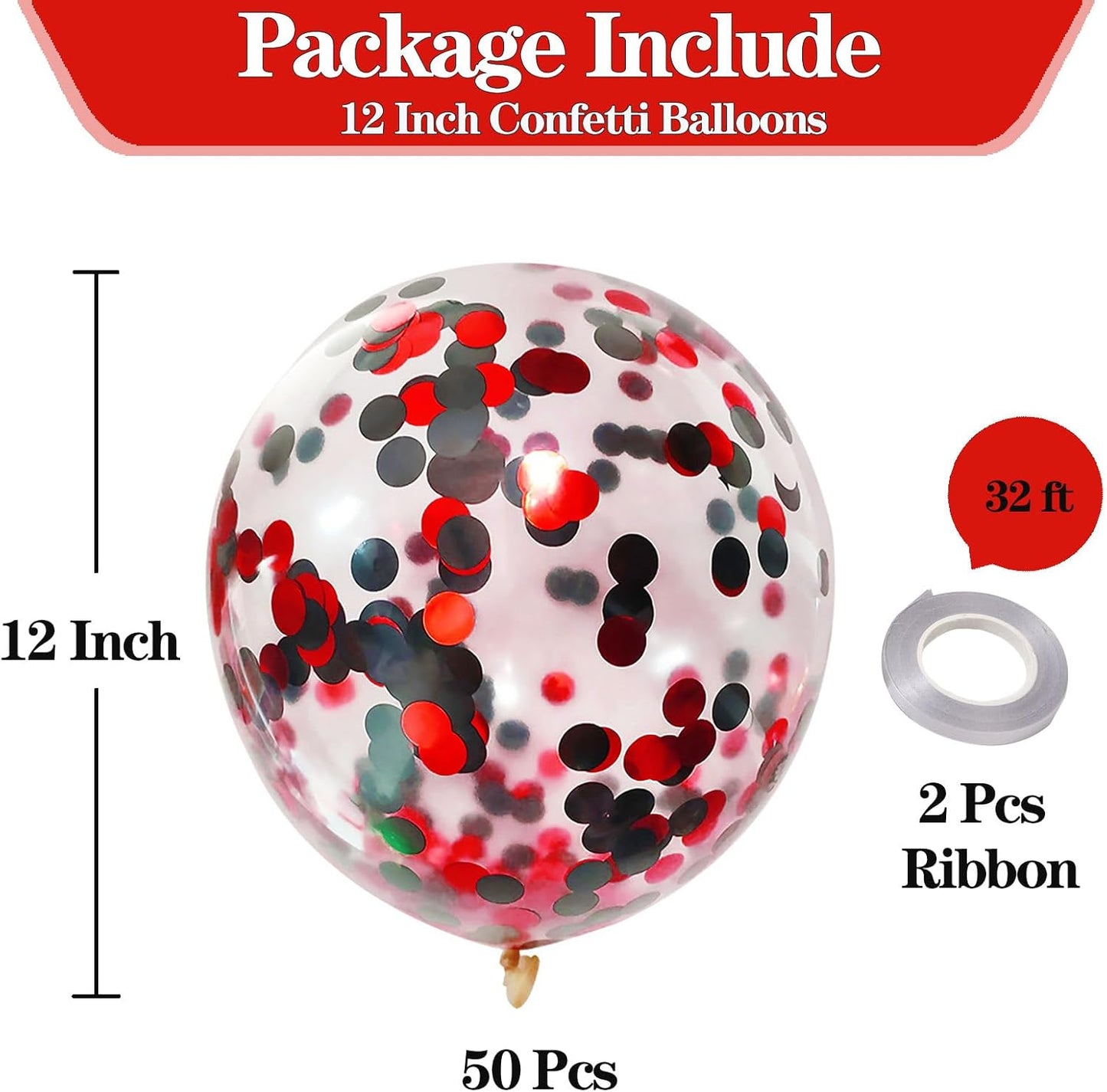 50pcs Black and Red Foil Confetti Balloons,12 inch Latex Balloon with Black Red Confetti Inside for Birthday Family Party Graduation Decorations