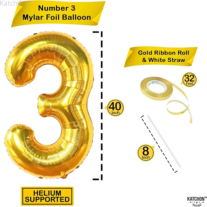KatchOn, Giant Gold Number 3 Balloon - 40 Inch | Gold 3 balloon Number for 3rd Birthday party Decorations for Boys | Gold Three balloon, 3 Year Anniversary Decor | 3 Year Anniversary Decorations