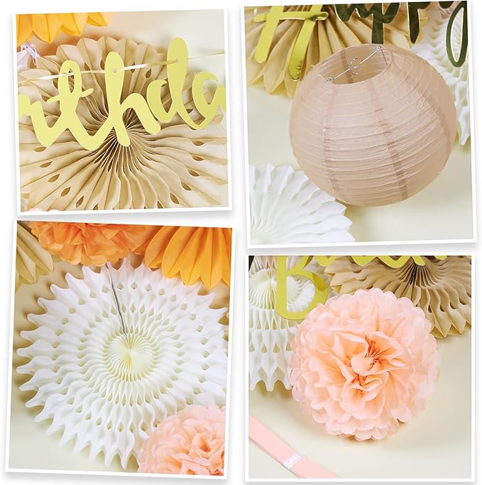 SUNBEAUTY Orange Birthday Party Decorations for Girls Women with Happy Birthday Banner Fall Hanging Paper Fans Tissue Pom Poms Lanterns for Thanksgiving Harvest Friendsgiving Autumn Wedding Decor