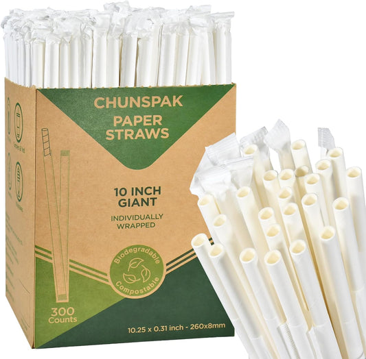 10.25" Disposable Paper Drinking Straws Individually Wrapped, 0.31" Dia. - 4 PLY Thick Heavy Duty Paper - White, 300 ct. (Restaurant Quality)