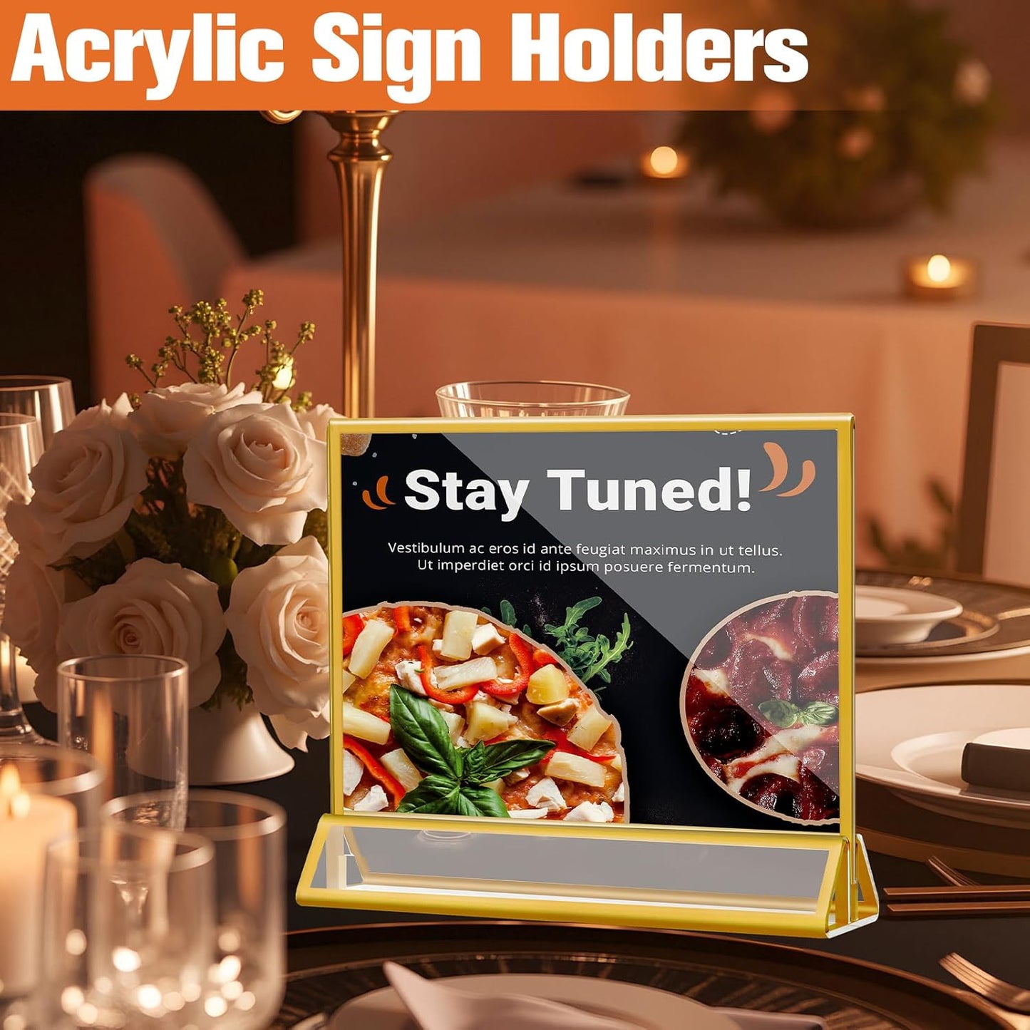 8 Pack Acrylic Sign Holders with Golden Border, Double Sided Clear Picture Frames, 6 x 4 Table Number Holders, Horizontal Menu Holders for Wedding Reception Art Display Party Decoration