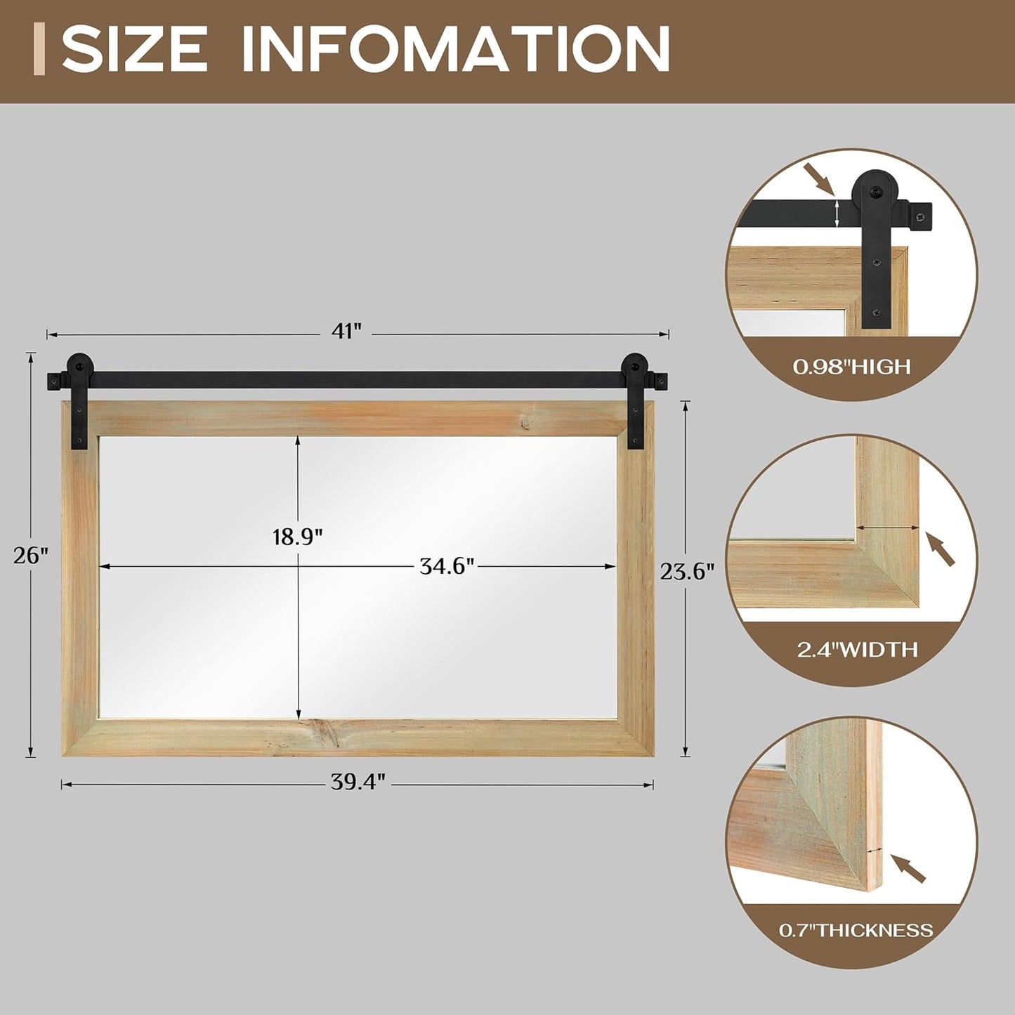 COGOOD Farmhouse Barn Door Mirror - 41 x 26 Rustic Wood Framed Wall Mirror for Bathroom, Living Room, Entryway Wall Decor (Burlywood)