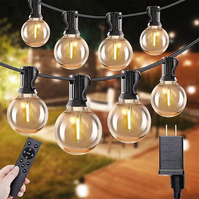 Outdoor String Lights with Remote, 50ft 25 Bulbs Low Voltage(24V) Patio Lights, Dimmable & Timer, IP65 Waterproof, G40 LED Hanging Lights for Outside, Deck, Garden, Backyard, Porch, Party