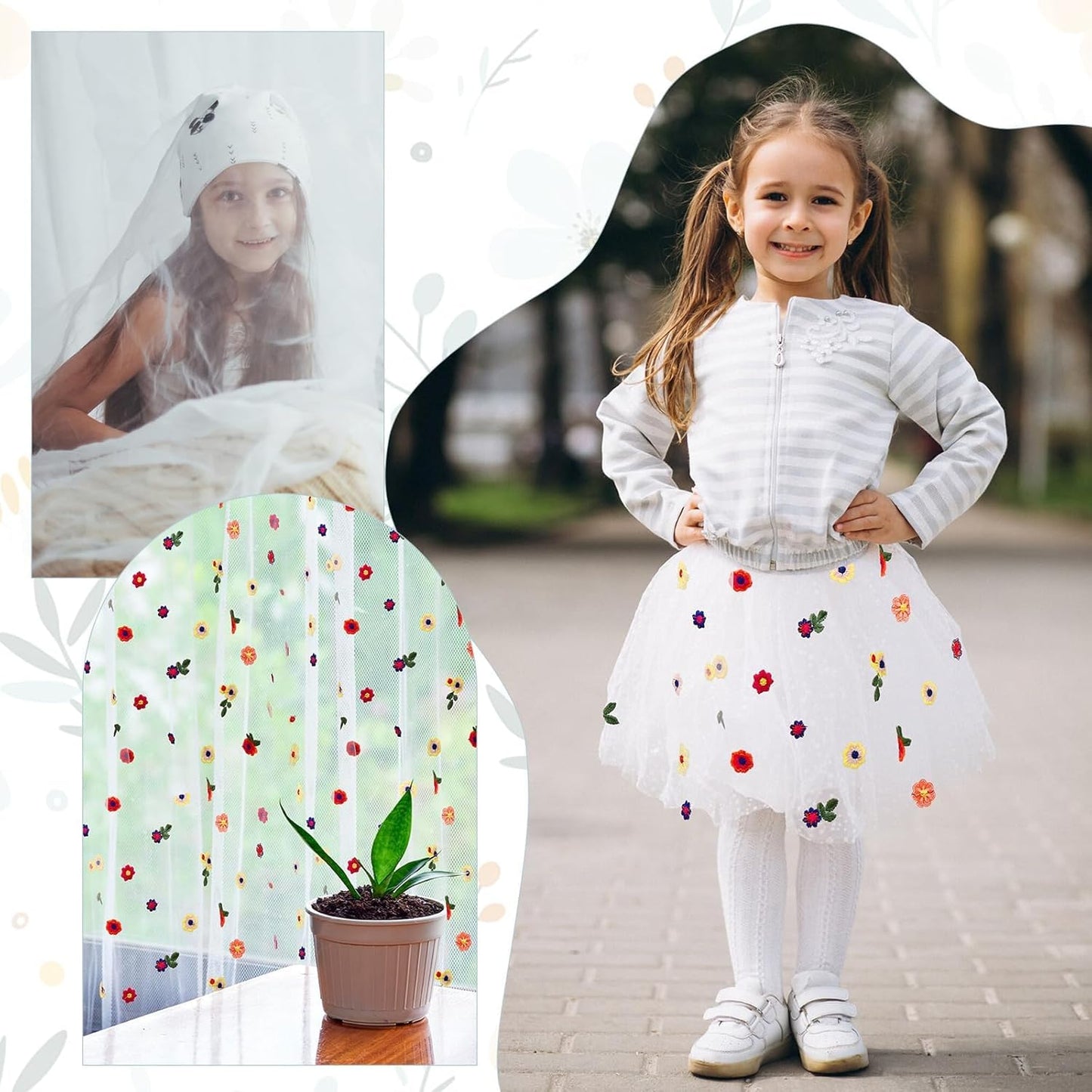 Lvory Floral Table Runner 10 FT, Embroidery Daisy Table Runners Seasonal Sheer Tulle Table Runner for Thanksgiving Wedding Birthday Baby Shower Party ﻿