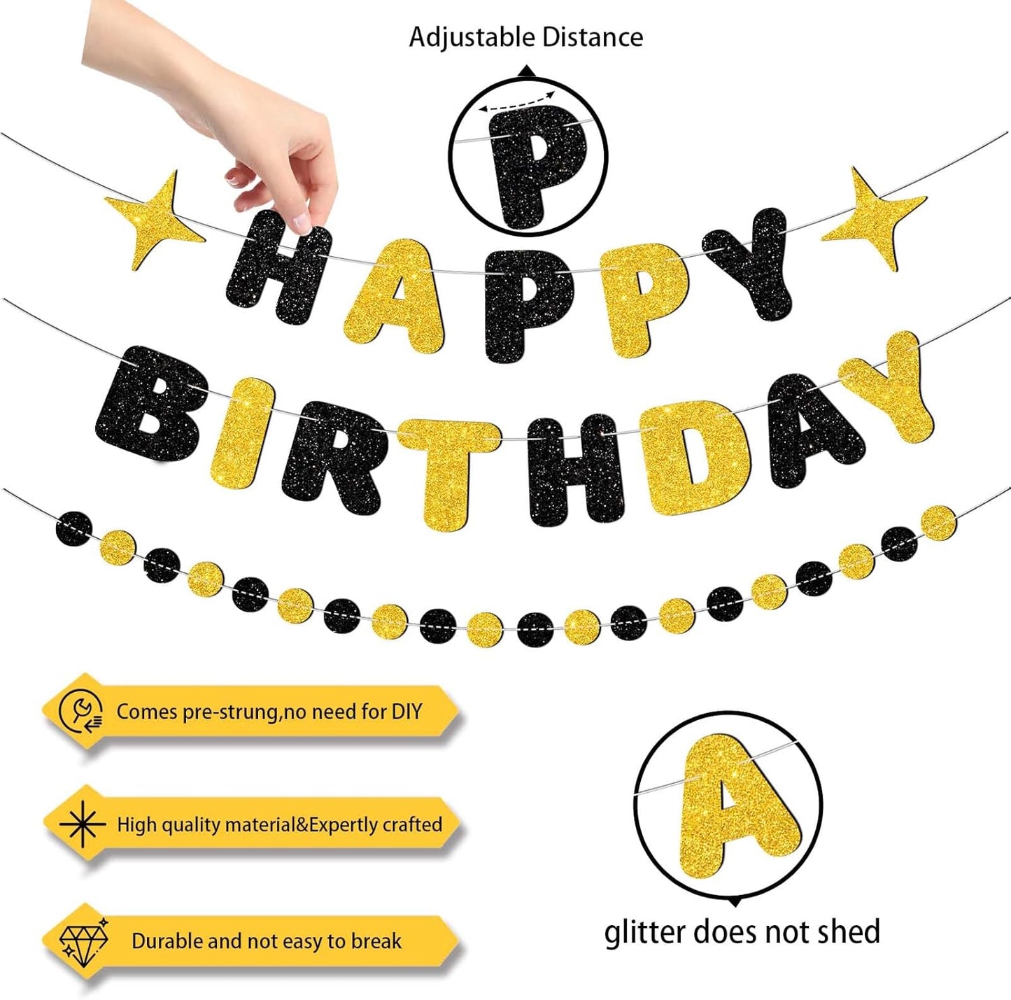 Black and Gold Happy Birthday Banner-Happy Birthday Decorations for Men Women Boys Girls Glitter Garland Birthday Sign for 30st 40st 50th 60st Party Decor, Backdrop Supplies