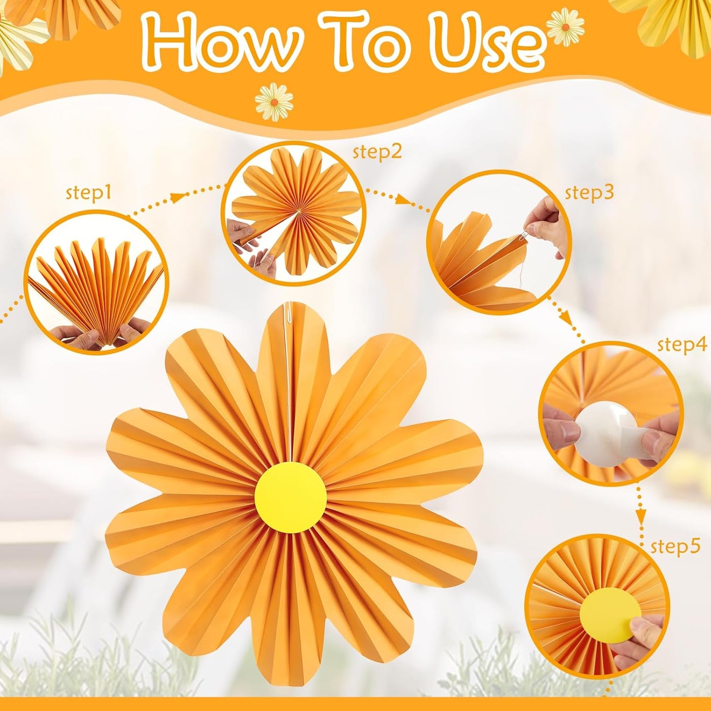 SUNBEAUTY 9 PCS Orange Paper Flowers Decorations for Wall Paper Fans Daisy Decoration Paper Floral Backdrop Decor Paper Fans Decoration