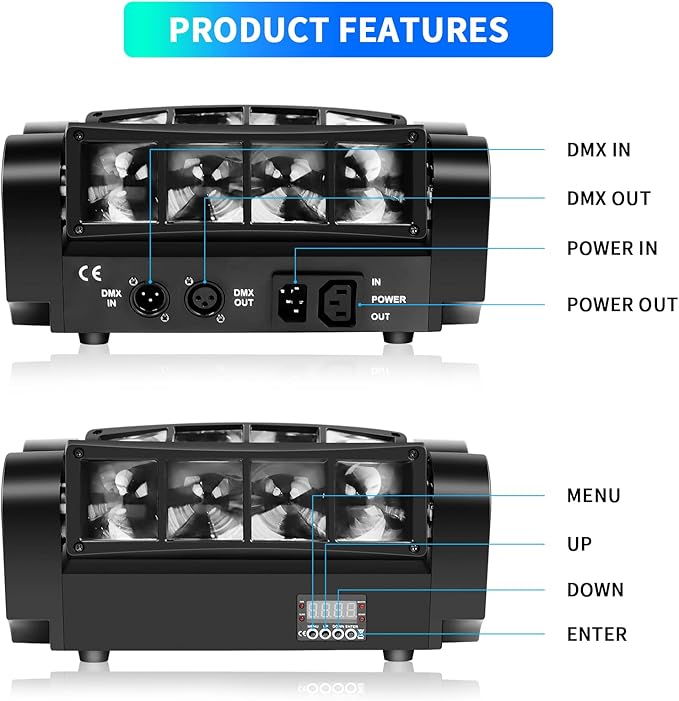 U`King Spider Moving Head Light 8x10W LEDs Beam DJ Lights RGBW Sound Activated and DMX-512 Control for Party Pub Festival Disco Show Wedding Event Stage Lighting - 2 Packs