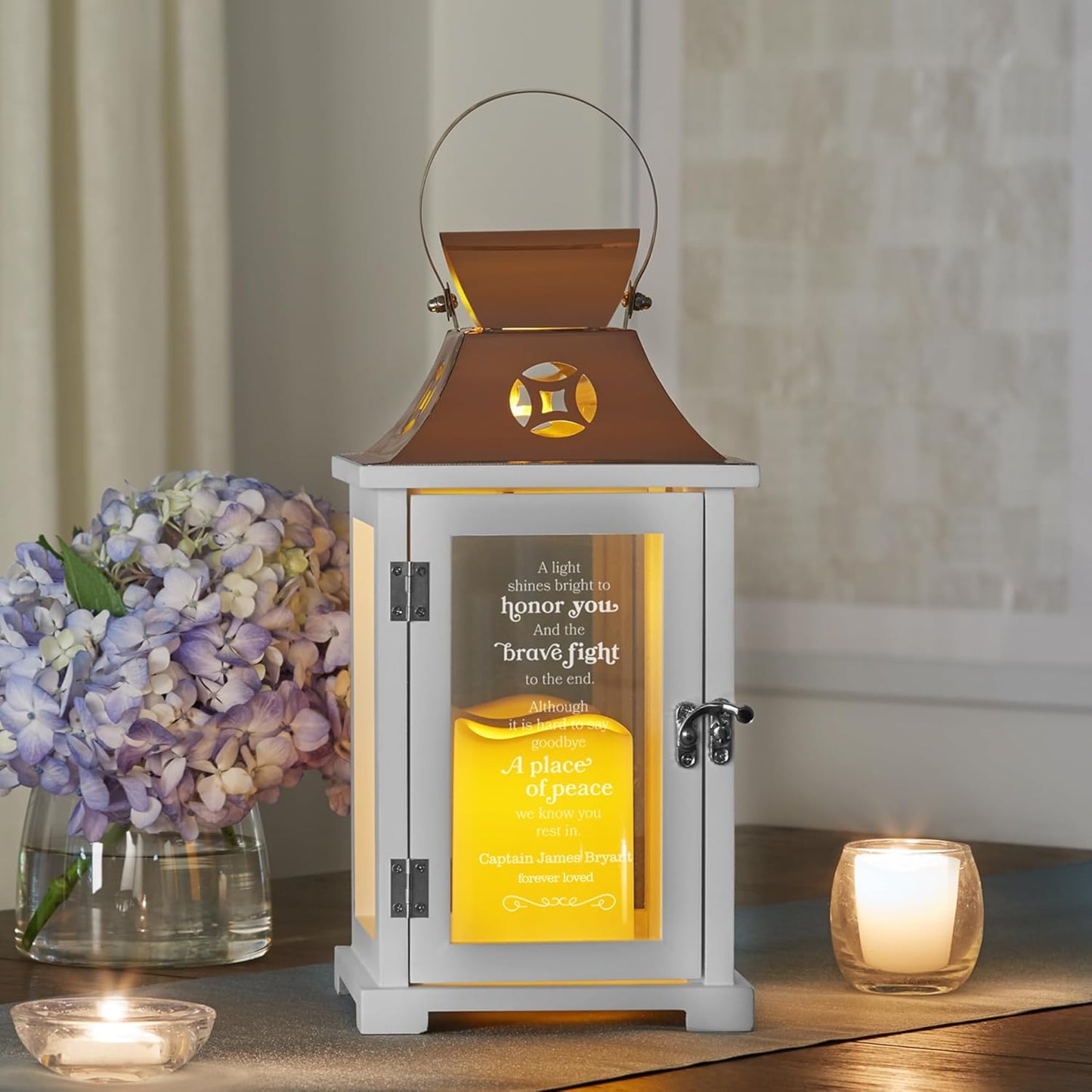 Let's Make Memories Personalized Memorial Lantern - Sympathy - Condolences - LED Candle - Automatic Timer - Wood/Stainless Steel - Copper Finish - A Brave Fight