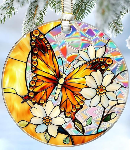 Christmas Ornaments 2025, Stained Glass Christmas Tree Decorations, Exchange for Women, Men, Collectible Dated Year Ornaments for Tree（Butterfly）