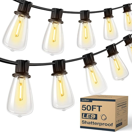 addlon 50FT LED Outdoor String Lights Waterproof Patio Lights with 16 Shatterproof ST38 Replaceable Bulbs(1 Spare), Dimmable Outside Hanging Light Connectable for Porch, Backyard, 2200K Warm Yellow